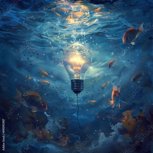 Light bulb underwater with fish swimming around it, glowing softly, surreal, blue tones, digital painting. © Raweewit