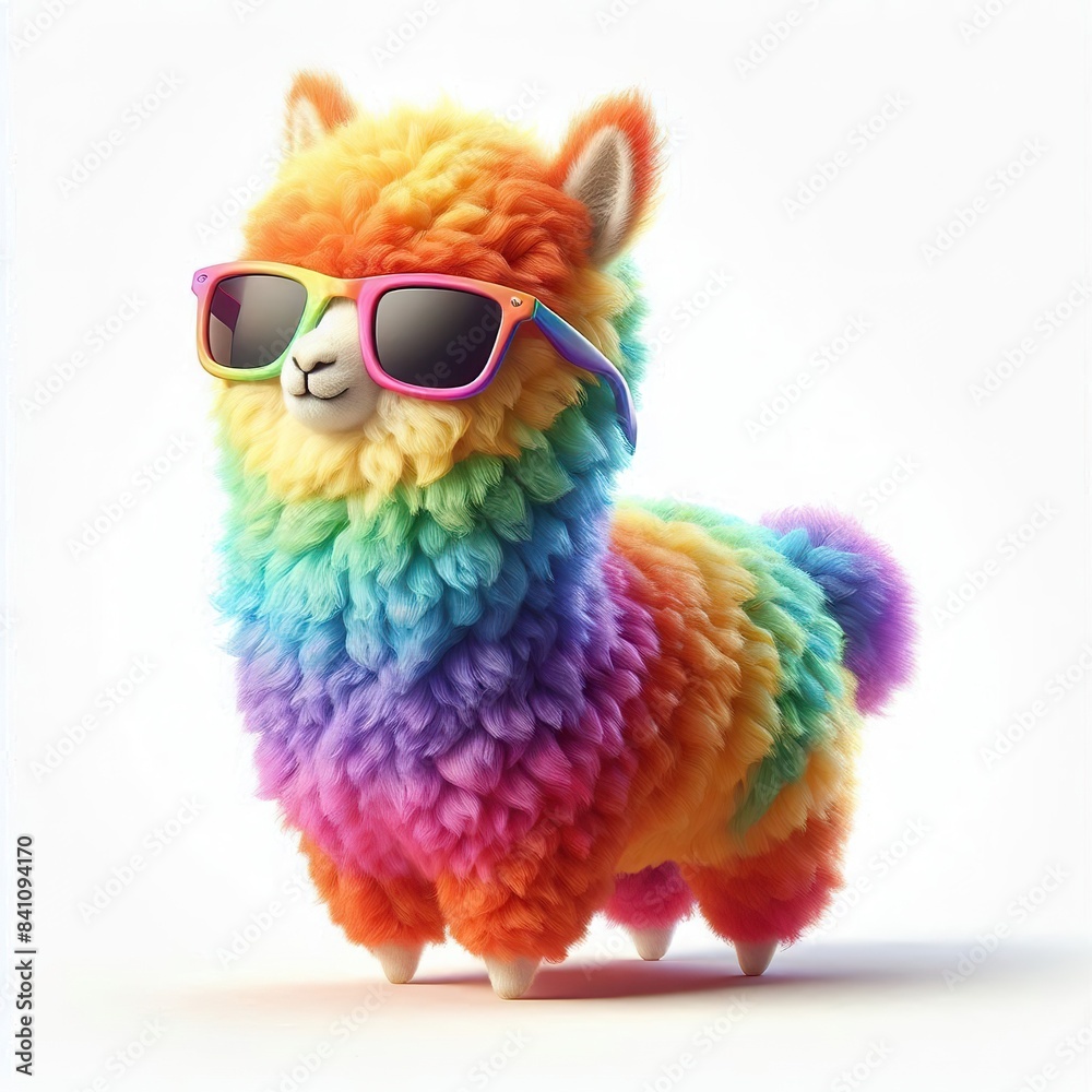 Fluffy 3D image of rainbow colors alpaca with sunglasses, lateral view on a white background Fluffy 3D image of rainbow colors alpaca with sunglasses, lateral view on a white background