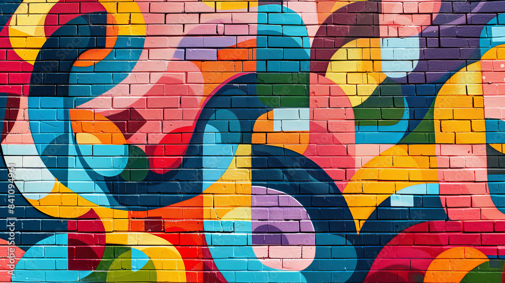 Colorful Abstract Graffiti Mural on Brick Wall