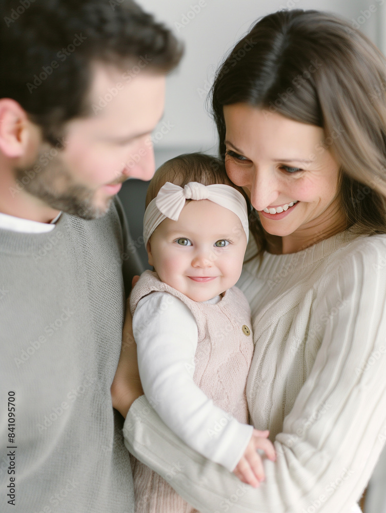 A happy family portrait with parents smiling at their baby, who is wearing a pink headband and looking at the camera.
A happy family portrait with parents smiling at their baby, who is wearing a pink headband and looking at the camera.