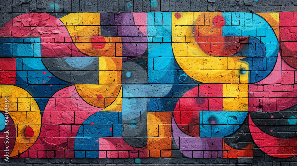 Colorful Abstract Graffiti Mural on Brick Wall