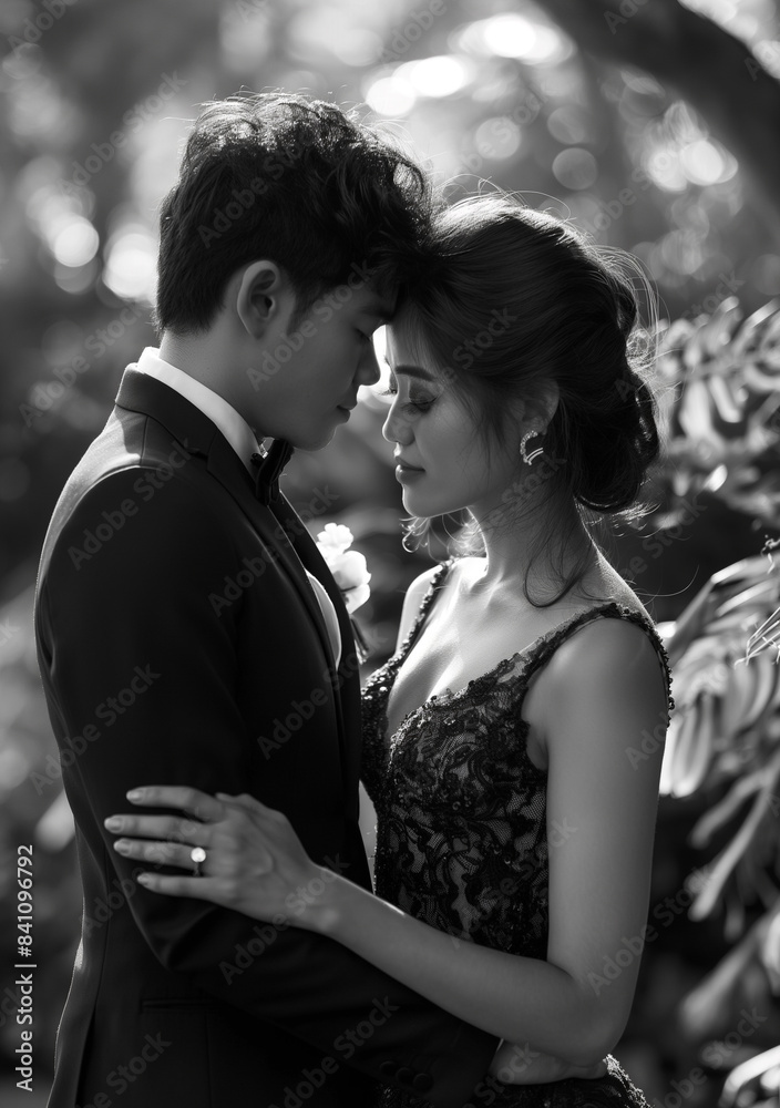 A couple in formal attire shares a tender, intimate moment outdoors, with their foreheads touching.
A couple in formal attire shares a tender, intimate moment outdoors, with their foreheads touching.