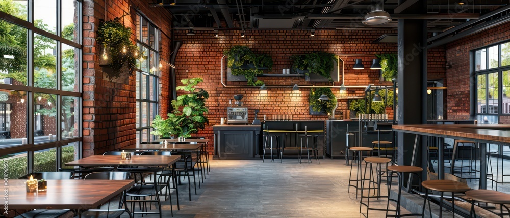 restaurant design, modern contemporary industrial design with red brick walls, black painted steel