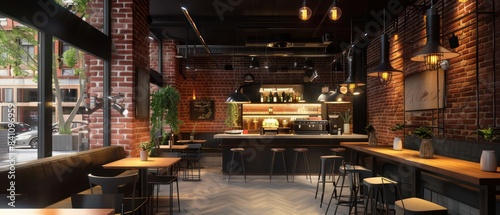 restaurant design, modern contemporary industrial design with red brick walls, black painted steel