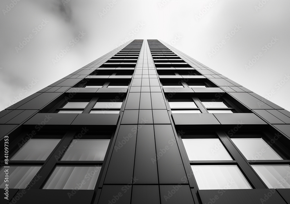 A black and white perspective shot looking up at a tall, modern building with sleek, geometric lines.
