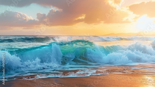 waves hitting the beach at sunset, website banner and background