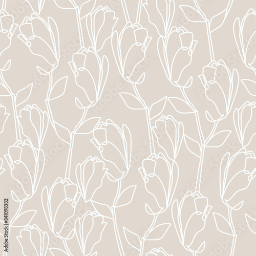 Floral Line Art Seamless Pattern. Vector Botanical Wallpaper with Line Drawing Flowers Ornament. Seamless Floral Texture for Minimalist Print Design, Wall Paintings and Wallpapers. Flower Background