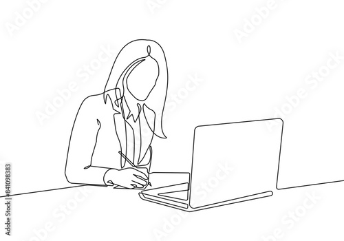 Businesswoman with Laptop Continuous One Line Drawing. Female Silhouette Black Sketch Isolated on White Background. Woman Professional in Office Abstract Minimal Line Art Illustration. Vector EPS 10 © Наталья Дьячкова