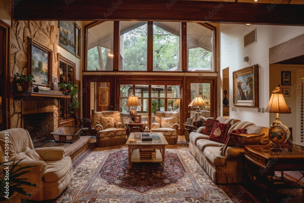 Fototapeta premium Spacious living room with high ceilings and large windows surrounded by lush trees, featuring plush sofas and rich, wooden accents creating a luxurious retreat