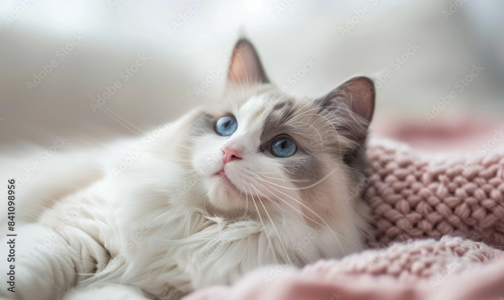 Experience the innocence of a Ragdoll cat in a close-up shot against a pink and white backdrop. Enhanced by AI generative techniques. Experience the innocence of a Ragdoll cat in a close-up shot against a pink and white backdrop. Enhanced by AI generative techniques.