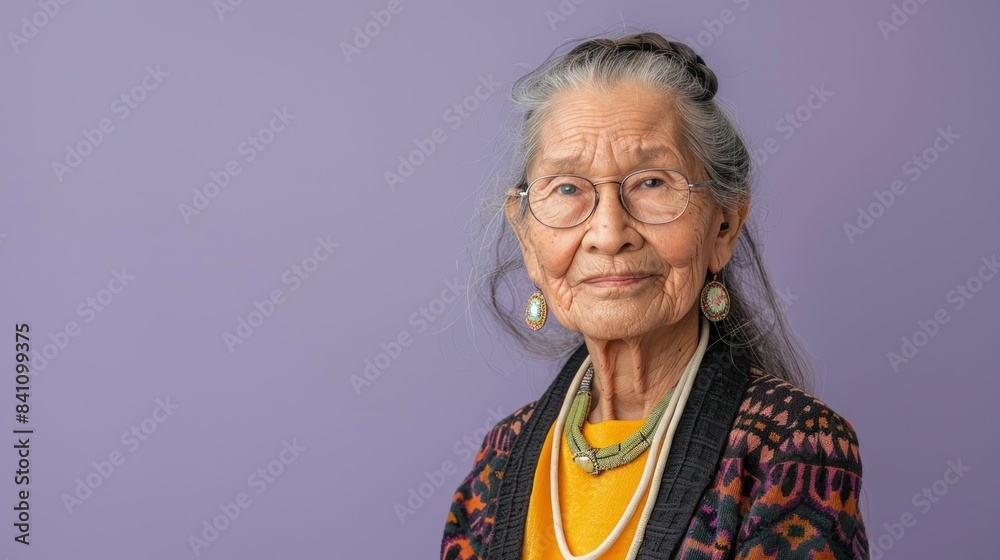 Colorful shirted woman with glasses standing against purple background in fashionable pose