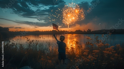 July 4th - Independence Day celebration - young boy waving an American flag while watching fireworks over a lake - natural light - patriotism 