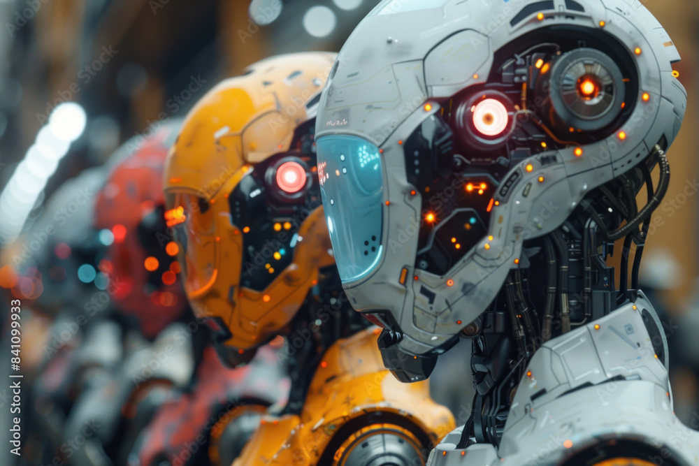 A group of robots with different colored heads are lined up. The robots are all different sizes and colors, with some being yellow, orange, and white. The robots are all standing next to each other A group of robots with different colored heads are lined up. The robots are all different sizes and colors, with some being yellow, orange, and white. The robots are all standing next to each other