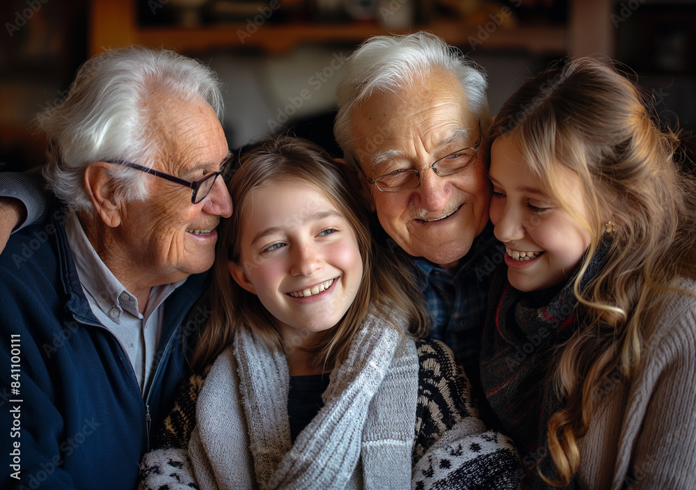 A heartwarming indoor photo of two grandfathers joyfully embracing their two smiling granddaughters.
A heartwarming indoor photo of two grandfathers joyfully embracing their two smiling granddaughters.
