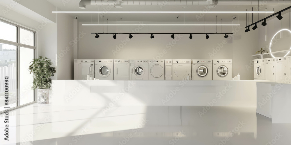 This image showcases a bright and spacious minimalist white laundry shop interior filled with washing machines, designed using AI generative. This image showcases a bright and spacious minimalist white laundry shop interior filled with washing machines, designed using AI generative.