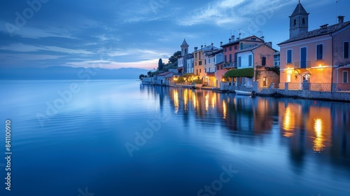 Tranquil Evening by the Lake with Reflections of Colorful Houses and Soft Blue Sky in a Serene Waterfront Village