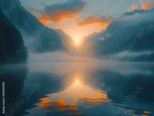Stunning Sunrise Over Misty Mountain Lake with Reflective Waters and Dramatic Sky in Serene Natural Landscape