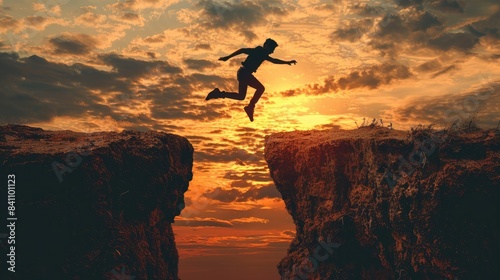 A silhouette of person jumping from one cliff to another, symbolizing the idea that life is about leaping into new challenges and embracing change. .