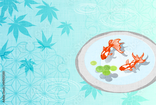 暑中見舞い、紅葉、夏、金魚、石鉢、和風、涼しい、イラスト、横