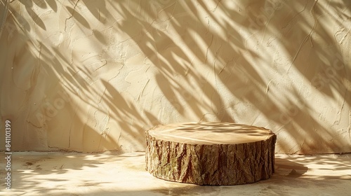 Minimalist Wooden Stump Display: Illuminated Shadows Enhance Product Showcase