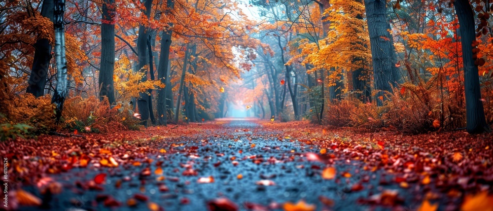 Enchanting Autumn Forest Path with Vibrant Foliage and Fallen Leaves on a Misty Morning Enchanting Autumn Forest Path with Vibrant Foliage and Fallen Leaves on a Misty Morning