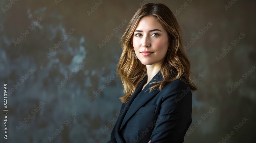 A woman in a black suit with her arms crossed.
