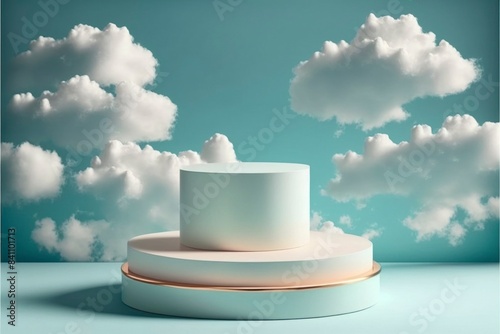 Dreamy Cloudscape Podium with Archway and Marble Platform in Surreal Pastel Sky