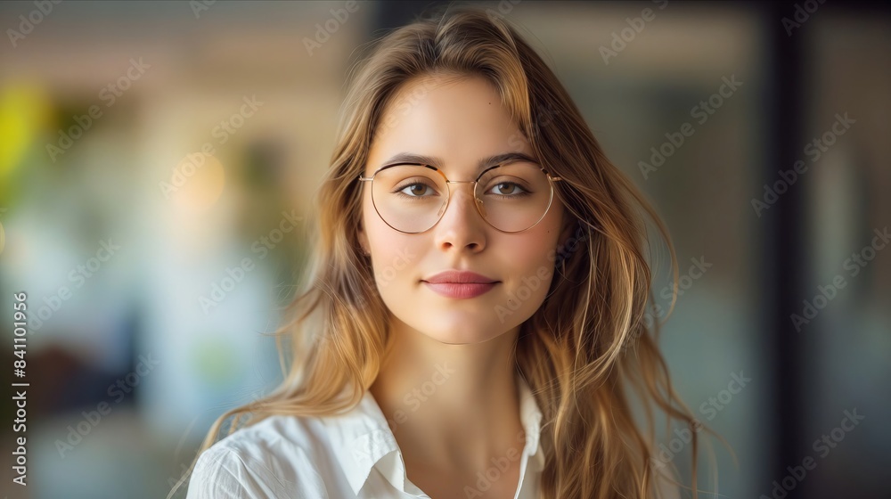 A woman with glasses looking at the camera.