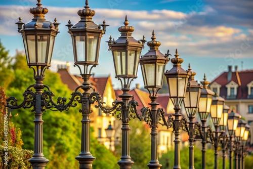 Collection of classic European style street lampposts on background, street, European, classic, vintage, style, lamp post photo