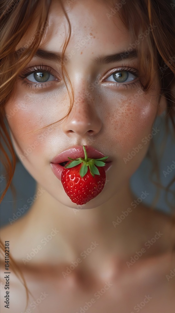 A woman with freckles and strawberry in her mouth. A woman with freckles and strawberry in her mouth.