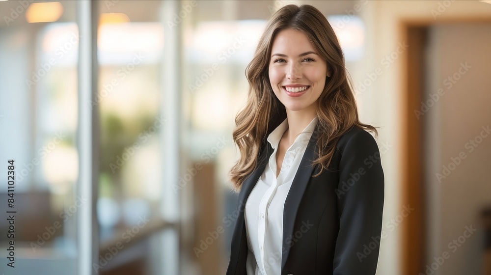 A smiling business woman in an office. A smiling business woman in an office.