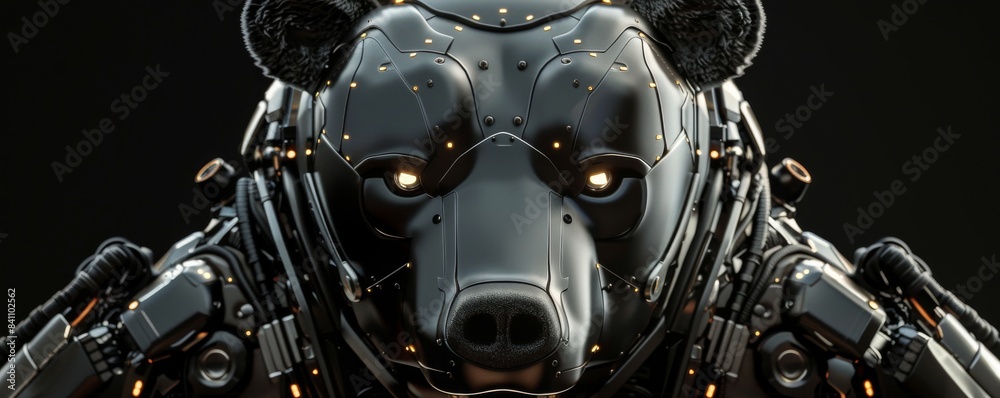 Fototapeta premium Metallic bear cyborg staring with glowing eyes