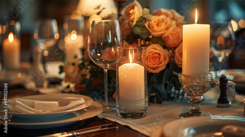 Elegant Candlelit Dinner Table Setting with Floral Centerpiece  Glassware  and Plates in a Cozy Atmosphere