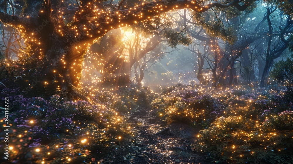 Enchanted Forest with Glowing Lights and Mystical Atmosphere at Dawn, Capturing the Magic of Nature with Sparkling Fireflies and Lush Greenery in a Serene Woodland Setting