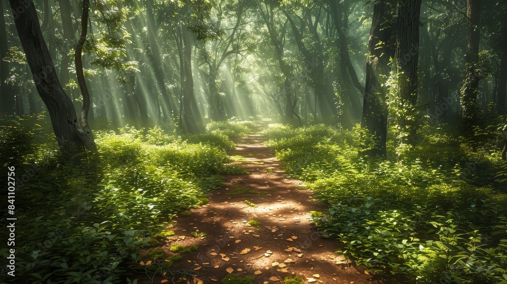 Fototapeta premium Sunlit Forest Path with Lush Greenery and Tall Trees, Serene Nature Scene Capturing the Beauty of a Woodland Trail, Perfect for Outdoor and Nature-Themed Projects
