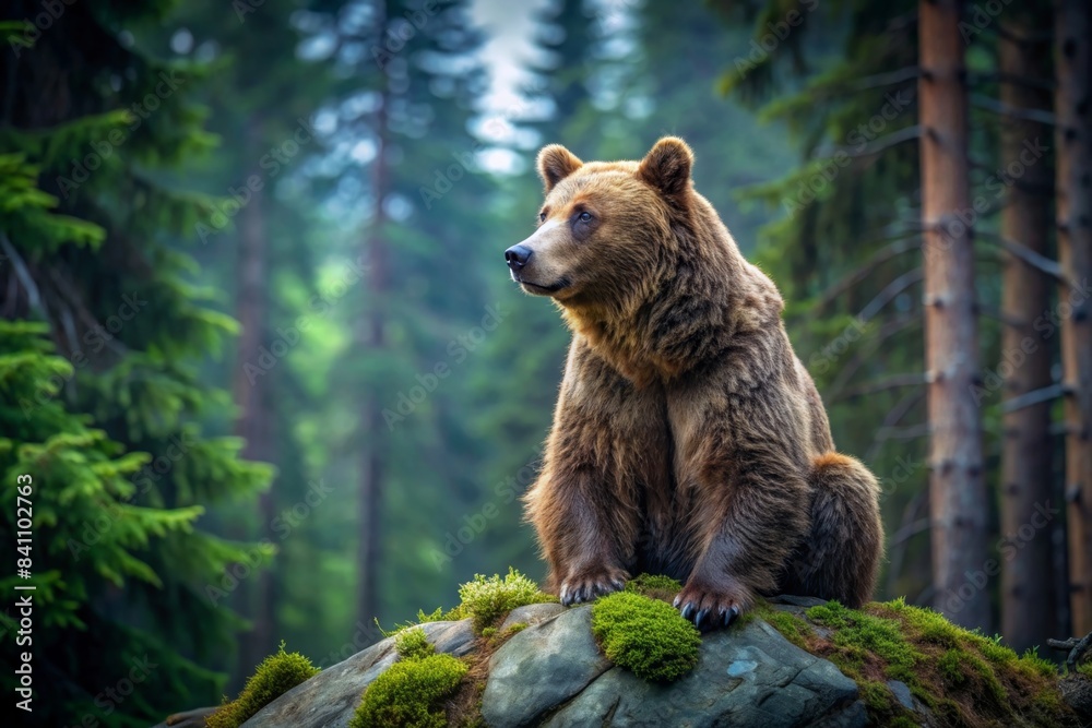 Brown bear sitting on rock in dark forest wildlife scene from nature, brown bear, sitting, rock, forest, wildlife, nature