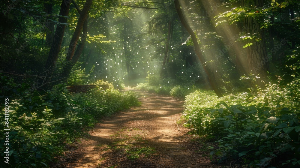 Fototapeta premium Sunlit Forest Path with Sparkling Light Particles in a Lush Green Woodland - Serene Nature Scene Capturing the Beauty of Sun Rays Filtering Through Trees and Illuminating a Tranquil Trail