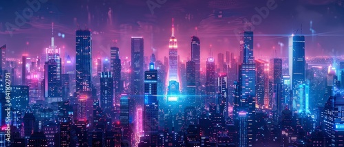 Futuristic Neon Cityscape at Night with Skyscrapers and Digital Lights  Vibrant Urban Skyline  Cyberpunk Aesthetic  Modern Metropolis  High-Tech Architecture  Illuminated Buildings  Nightlife