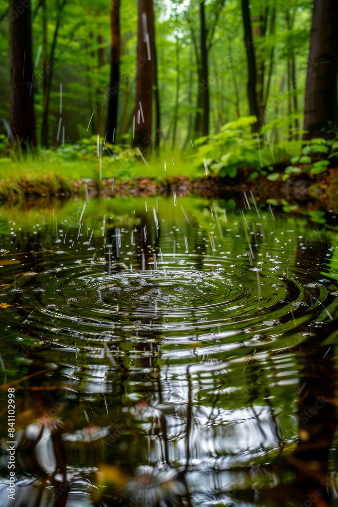 Witness the serene beauty of raindrops descending into a peaceful pond within a forest clearing, showcasing nature's harmony and grace with AI generative. Witness the serene beauty of raindrops descending into a peaceful pond within a forest clearing, showcasing nature's harmony and grace with AI generative.