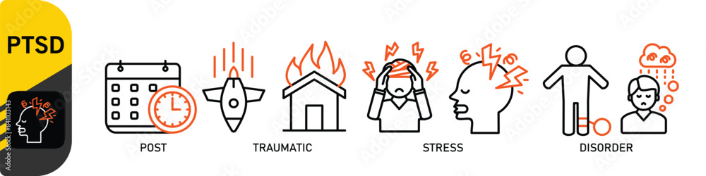 Obraz premium PTSD banner web icon set vector illustration concept of post, traumatic, stress and disorder with icon of calendar, time, rocket attack, war, house on flame, headache and disability