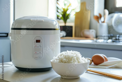 A rice cooker sits on the kitchen table, showcasing its sleek, modern design and practicality in meal preparation, highlighting the convenience of everyday cooking, AI generative. photo