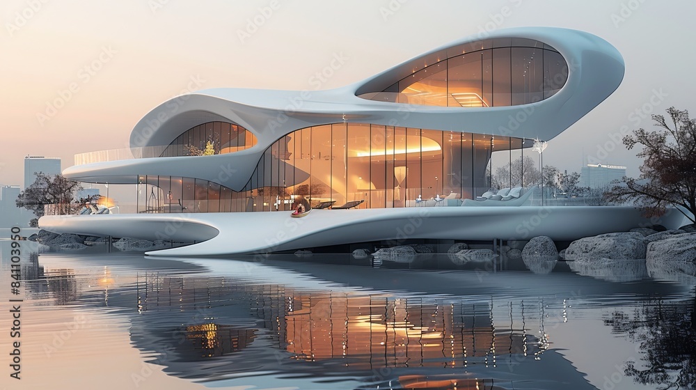 Futuristic Modern House by the Lake at Sunset with Unique Architectural Design and Large Glass Windows Reflecting on Water