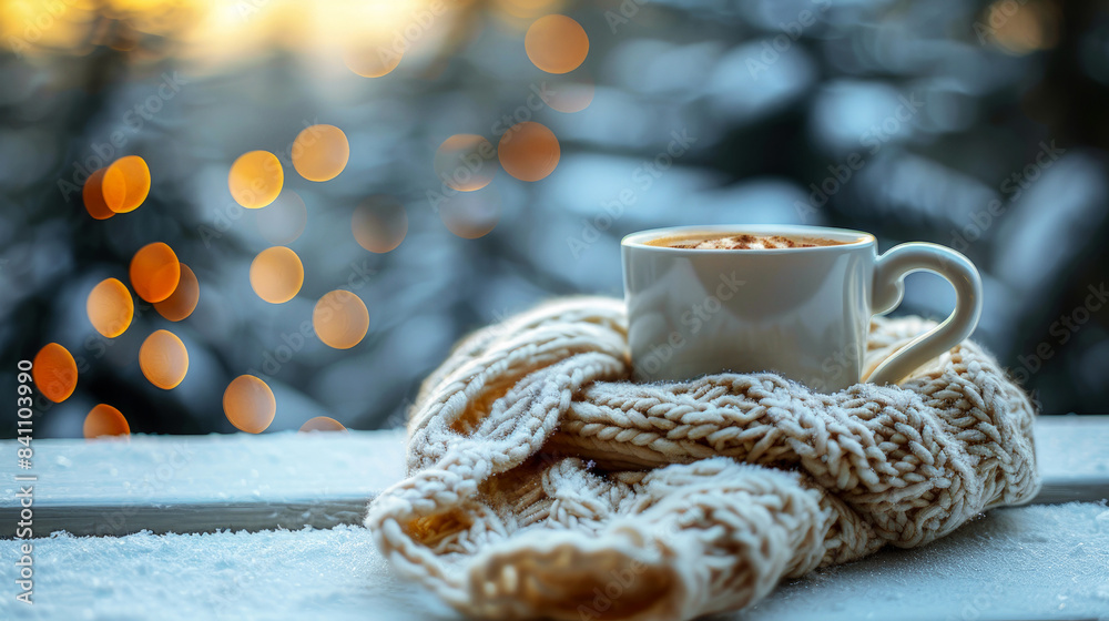 Knitted scarf lie next to cup of hot coffee on wooden railing of terrace, painted white, on background of snow-covered winter fir forest, sunset. Atmosphere of New Year's. Christmas greeting card. Knitted scarf lie next to cup of hot coffee on wooden railing of terrace, painted white, on background of snow-covered winter fir forest, sunset. Atmosphere of New Year's. Christmas greeting card.
