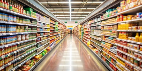 Blurred view of supermarket aisles with shelves filled with products   retail  store  groceries  shopping  blurred