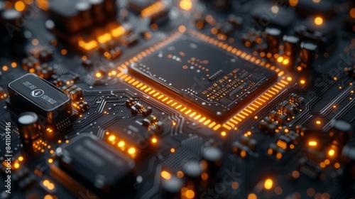 Close-up of a technology texture with highly detailed circuits and interconnections, showcasing the complexity of a supercomputer's chrome chip. AI Generative