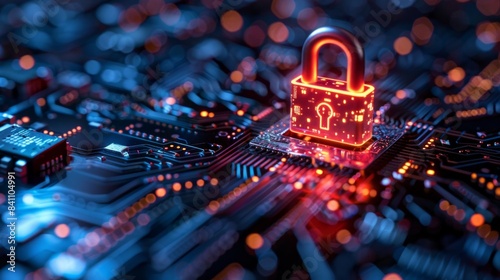 High-tech digital padlock image against a dark blue background, emphasizing cyber security and the importance of protecting data networks. Ends with AI Generative.