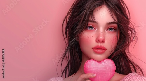 Beautiful young woman holding a pink heart, symbolizing love, with a minimalistic style background, perfect for Valentine's Day AI Generative. © Alisa