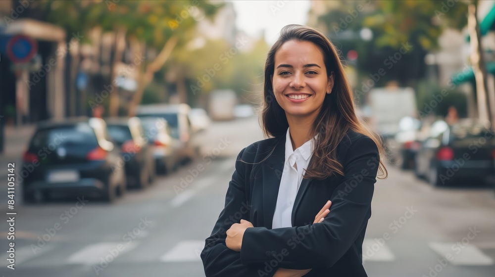 A smiling business woman standing in the street. A smiling business woman standing in the street.