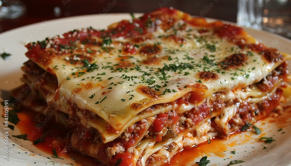 A plate of tasty thick lasagna on a table A plate of tasty thick lasagna on a table