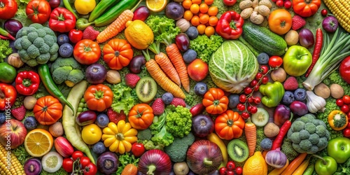 Repeating pattern of fruits and vegetables forming a textured background  food  healthy  fresh  organic  colorful  backdrop